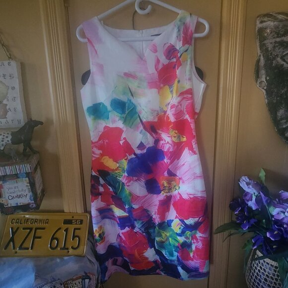 Vintage Linen Smashed Lemon White/Fuchsia V-Neck Oh so pretty w/pockets & lined - Picture 3 of 9